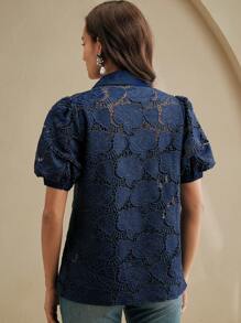 Anewsta Blusa nueva para el verano con cuello alto vintage, elegante, calada, bordada y con mangas abullonadas para mujeres - Azul - Ver 3