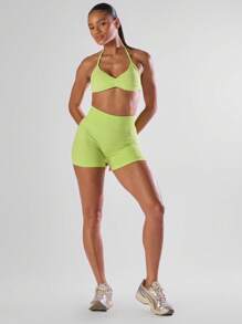 Musera Sport Solid Ruched Bust Open Back Halter Sports Bra , Active Comfy Workout Gym Outfit Running Run Club ,Padel, Tennis, Pickleball