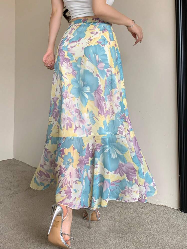 Women's Elegant Chiffon Floral Print Ruffle Hem Mid-Length Skirt, Suitable For Summer,Back To School Clothes Vacation Easter Boho