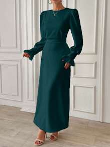 EURMUSE Frenchy Frill Sleeve Maxi Dress With Lining - Green - View 5