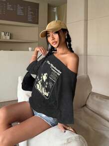 INAWLY 女士夏季标语及图案露肩宽松T恤 - 彩色 - 查看 3