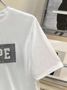 SHEIN Set de 2 piezas de top de manga corta y shorts casuales para adolescentes, estilo callejero punk rock y preppy, adecuado para uso diario, fiestas, festivales de música, primavera/verano, camiseta con estampado en inglés y shorts a cuadros