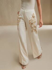 Anewsta Eleganti pantaloni da tailleur da donna con decorazioni floreali in perline, adatti per l'ufficio