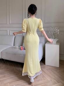 Modelyn 女式短款泡泡袖优雅复古法式束腰紧身迷你连衣裙 - 黃色 - 查看 2