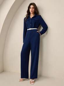 BizChic Traje de una pieza de manga larga con estilo de ropa de trabajo independiente americana retro de los 90, adecuado para invitados de boda, festivales de música country, brunch, aeropuerto, resorts playeros y negocios casuales, nueva colección verano 2025 para mujeres - Azul Marino - Ver 6