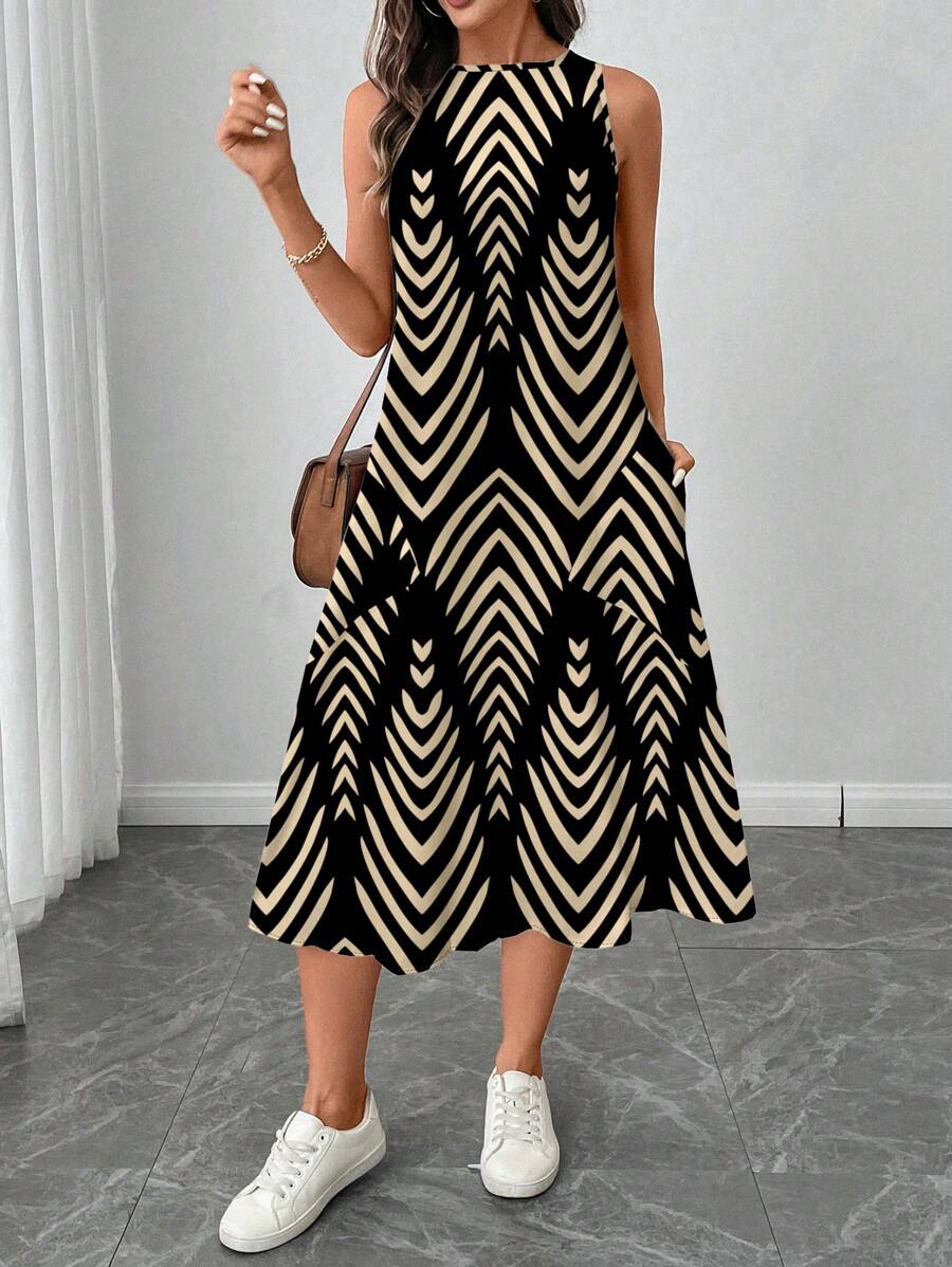 SHEIN LUNE Women Casual Geometric Pattern Mid-Length Dress, Suitable For Spring And Summer Suitable For Going Out Chic Dress - Multicolor - View 1