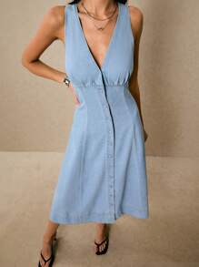 Poéselle Vestido vaquero casual de verano sin mangas con escote en V y abotonadura sencilla para mujer