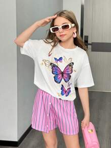 SHEIN Tween Girls Butterfly Print Round Neck Drop Shoulder T-Shirt And Striped Shorts Casual Outfit - White - View 6
