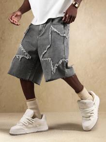 SUMWON Distressed Denim Jorts High Fashion Star Pattern Cut Out Design Knee Length Street Style Festival Summer Shorts