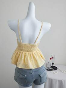 Elamini 黄色编织提花面料露背娃娃背心上衣，高腰海滩优雅可爱性感休闲派对日常装，适合女士夏季 - 黃色 - 查看 2