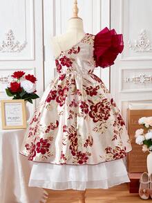Tween Girl Multi Layered Ruffled Sleeve Jacquard Elegant Organza Princess Dress, For Party, Celebration, Holidays - Multicolor - View 2