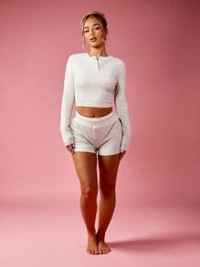 Missguided x Playboy 圣诞罗纹针织长袖亨利衫和短裤家居服套装 - 淺灰色 - 查看 3