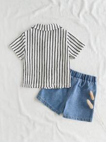 SHEIN Baby Boy Summer Polo Collar Short Sleeve Stripe Shirt Paired With Fashionable Denim Shorts Set, Suitable For Outings And Vacations - Multicolor - View 2