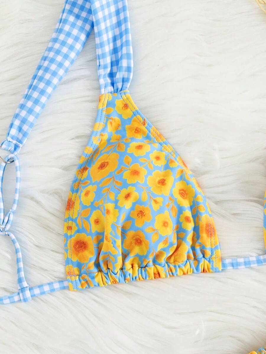 Swim Mod 2pcs/Set Summer Vacation Floral Gingham Print Adjustable Strap Backless Bikini Swimsuit Top And Bottom - Multicolor - View 1