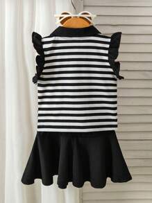 SHEIN 2-Piece Baby Girl Casual Fashion Preppy Style Lapel Striped Top And Versatile Skirt Set Suitable For Spring And Summer Preppy Style Daily Wear