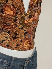 SHEIN ICON Áo hở lưng hở lưng cổ chữ V sâu in họa tiết Paisley gợi cảm mùa hè - màu nâu - Xem 10