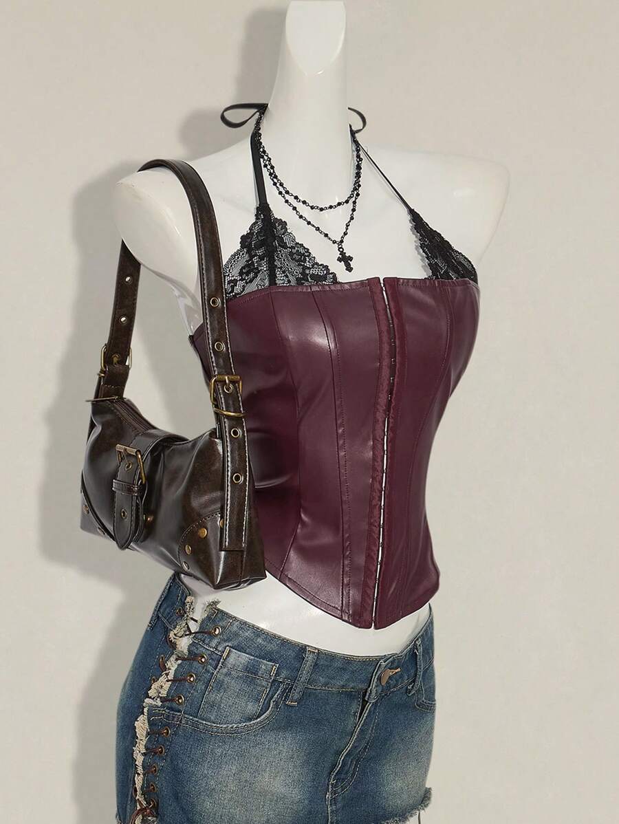 SHEIN ICON Form-Fitting Lace Camisole Design Sleeveless Top For Women - Burgundy - View 1