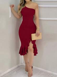 INAWLY 女式优雅修身不对称领口荷叶边下摆开衩中长连衣裙 - 酒紅色 - 查看 3