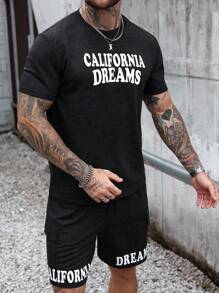 Manfinity LEGND Men Simple Printed Short Sleeve T-Shirt And Shorts 2 Pieces Set - Black - View 6