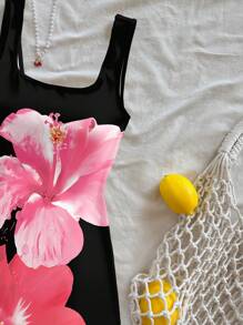 Soleia Women's Casual U-Neck Mini Bodycon Dress With Side Slit, Suitable For Summer, Large Floral Print,Boho Clothes Women Chic Dress