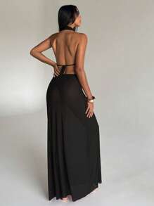 Aloruh 女士节日装纯紫色深垂领性感露背连衣裙，优雅露背系带沙滩罩衫 - 黑色 - 查看 2