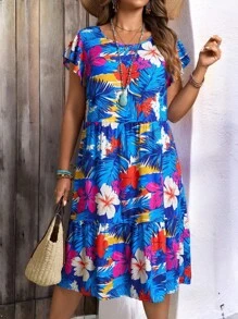 EMERY ROSE 大码女式花卉印花圆领荷叶边袖娃娃裙休闲度假连衣裙，夏季 - 彩色 - 查看 1