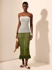 Zivah 2025新款夏季休闲度假沙滩度假日常约会辣妹风性感欧美女主针织镂空纹理感抹胸修身下摆垂坠染工艺白绿渐变钩编毛线裙长裙包臀裙修身裙女士毛衣连衣裙 - 白色 - 查看 3