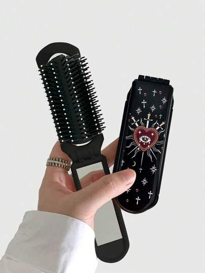 Grunge Punk 1pc Cross & Heart Pattern Comb With Compact Mirror, Foldable, Portable, Back To School Accessory (Pattern Placement Random)