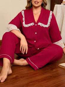 Plus Size Women Elegant French Style Lace Patchwork Contrast Color Loose Top & Pants Pajama Set, Fall Clothes, Cozy Outfit, For Christmas