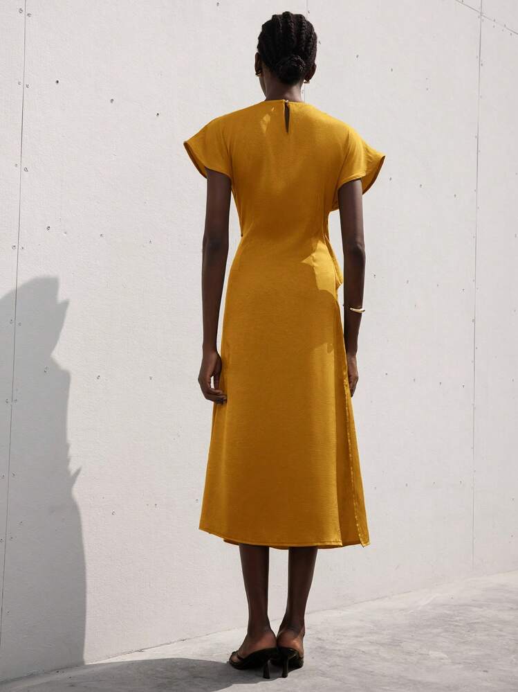 GENKIRA New Elegant Commute Women's Solid Color Embossed Satin Round Neck Cap Sleeve Waistband Twist Tie Slim Waist Long Dress - Yellow - View 6