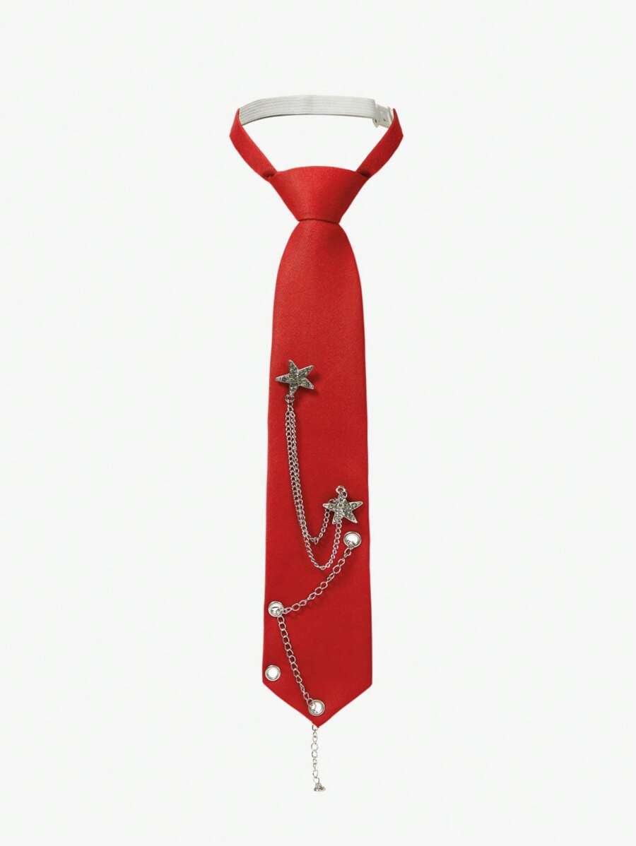 SHEIN ICON Women's Fashion Casual Star Metal Chain Tie, No Tie Required - Red - View 1