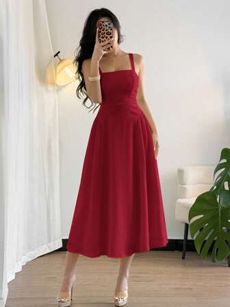 Firerie 여성 우아하고 단순한 휴가 해변 노랑 개더 텍스처 원단 스파게티 스트랩 허리 잘룩한 A라인 미드 기장 드레스, 여름