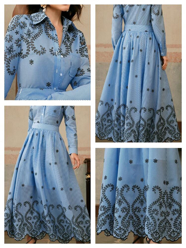 Falda de mujer bordada con rayas de nuevo estilo, adecuada para primavera, festivales, vacaciones, vacaciones, elegante