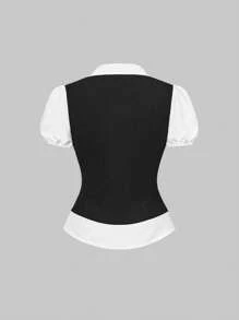 ROMWE Áo nữ 2 trong 1 phong cách Gothic cổ điển, mùa hè trở lại trường - Đen và trắng - Xem 3