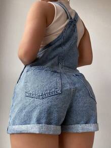 SHEIN ICON 大码女式休闲百搭水洗牛仔背带裤，带口袋 - 中等水洗藍 - 查看 2
