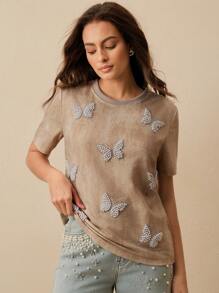 Anewsta Fashionable Rhinestone Butterfly Ruffle Trim Women Short Sleeve T-Shirt - Khaki - View 4
