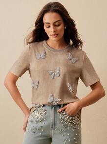 Anewsta Fashionable Rhinestone Butterfly Ruffle Trim Women Short Sleeve T-Shirt - Khaki - View 5