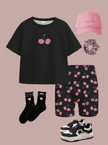 SHEIN 青少年女孩休闲简约短袖 T 恤和短裤两件套，适合夏季 - 彩色 - 查看 3