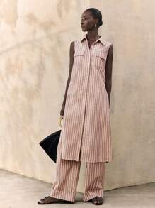 Ontre 2025 新款亚麻混纺休闲裤，复古风格，条纹面料，松紧腰带，真口袋，女式全长裤，卷边裤脚，适合日常穿着，秋季，商务休闲 - 紅色 - 查看 9