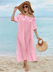 Swim Vcay Women's Ruffled Off Shoulder Midi Beach Dress, Sexy Beachwear, Lantern Sleeve Wedding Guest Slit Flowy Dress For Summer Beach Vacation