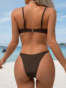 Swim Chiccia Women's Summer Solid Brown Shiny Nylon Fabric Sexy Underwire Fashionable Turquoise Accessory Linked Bikini Set