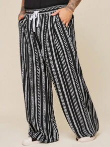EASEVO Plus Size Men's Black Striped Casual Woven Long Pants, Fall - Multicolor - View 1