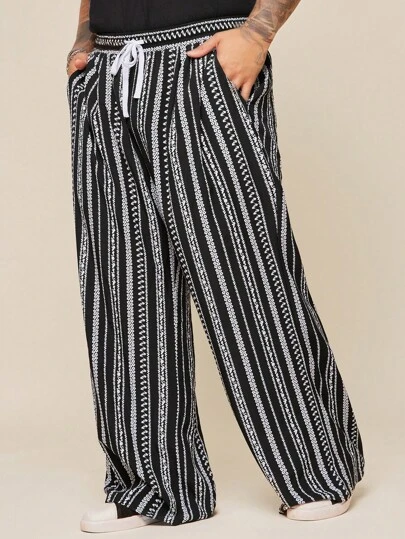 EASEVO Plus Size Men's Black Striped Casual Woven Long Pants, Fall
