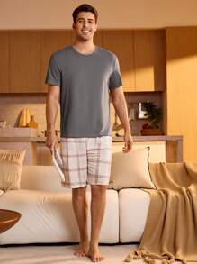 Manfinity Underwear&Sleepwear Basics 男士圆领短袖纯色休闲家居服套装，适合夏季