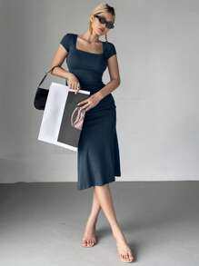 DAZY Women's Solid Color Wrap Square Neck Fish Tail Midi Dress Cocktail Dress - Navy Blue - View 5