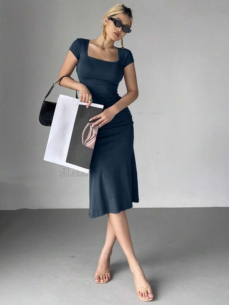 Women's Solid Color Wrap Square Neck Fish Tail Midi Dress Cocktail Dress