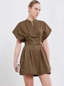 Aveloria Modichic New Women Fashion Minimalist Chic Office Commuter Style Stand Collar Loose Pleated Fit & Flare Dress With Cinched Waist - Coffee - View 3