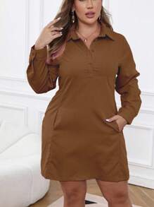 Calvaya Plus Size Casual Solid Color Long Sleeve Knee-Length Dress