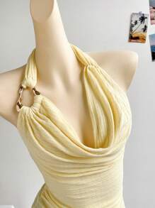 Soleia 女士淡黄色纹理针织肩带上衣，时尚迷人，适合派对、约会、婚礼、下午茶、音乐节、浪漫海滩度假、春夏邮轮度假 - 黃色 - 查看 3