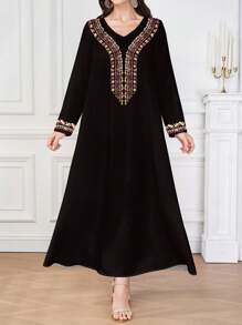 SHEIN Najma Women's Black V-Neck Long Sleeve Flare Hem Elegant & Comfortable Printed Abaya Dress, Vintage Artistic Collar & Cuff Floral Pattern, Polyester Fabric, Suitable For Home, Outdoor, Festivals, Parties & Events, Midi Dress, Summer Dress, Dress For Women